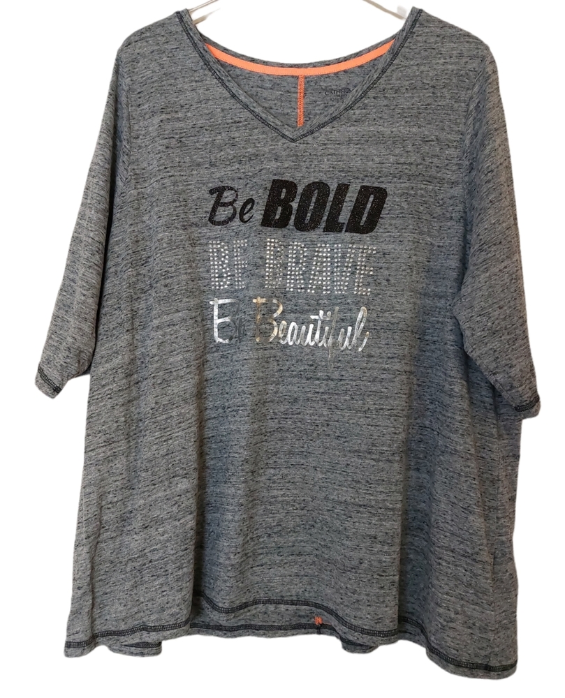 Catherines Women's 1X Petite Heathered Gray Top Bold Brave Beautiful 3/4 Sleeve